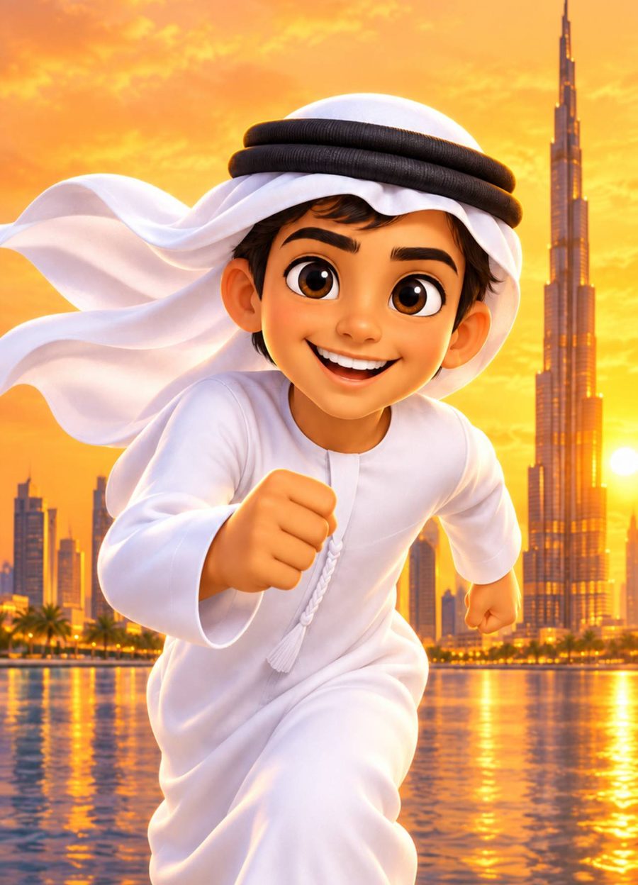 The Emirati boy from UAE Runner running toward you, with the Burj Khalifa at sunset behind him